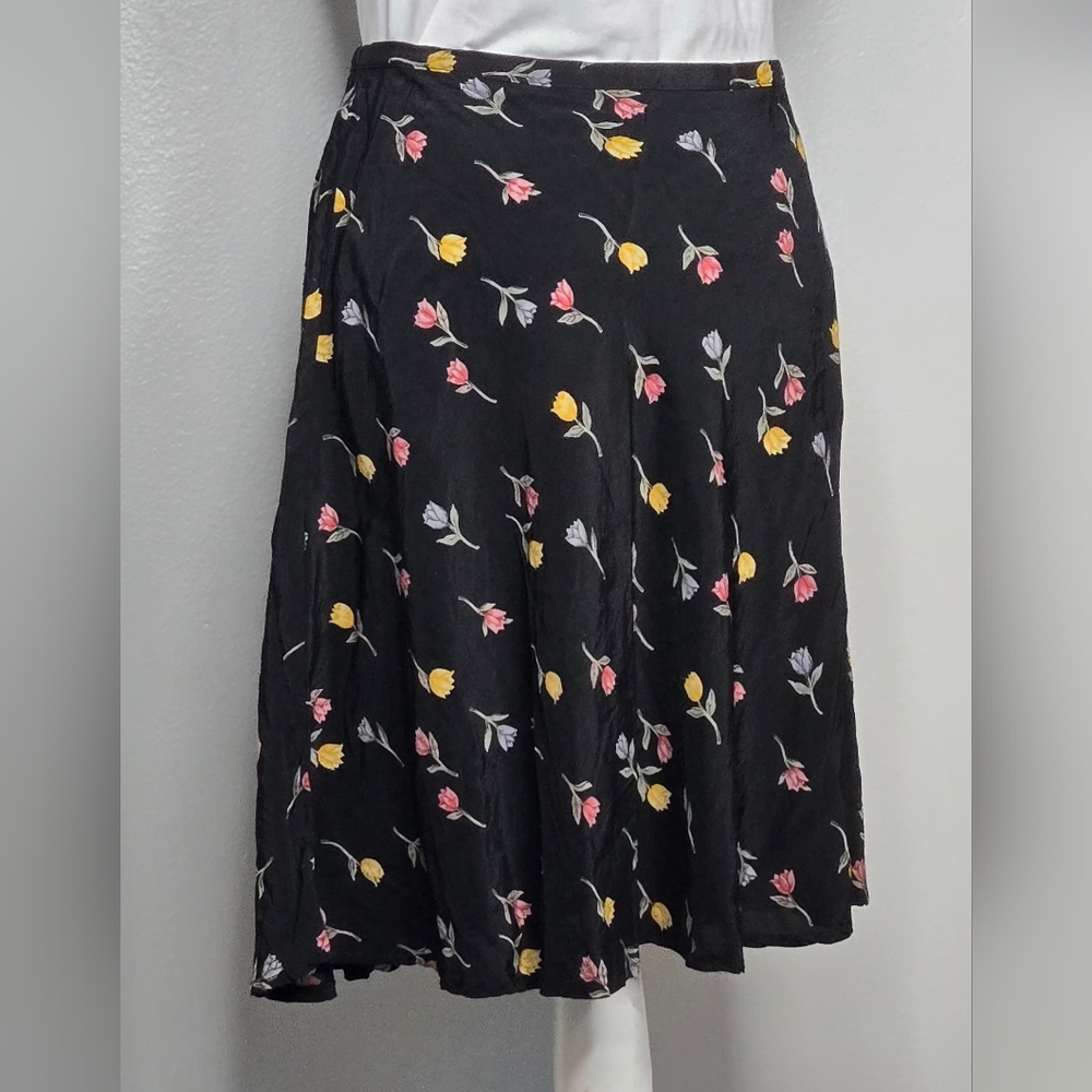 Vintage 90s Laura Scott Tulip Floral Midi Skirt - Black / Pink / Yellow - Size M
